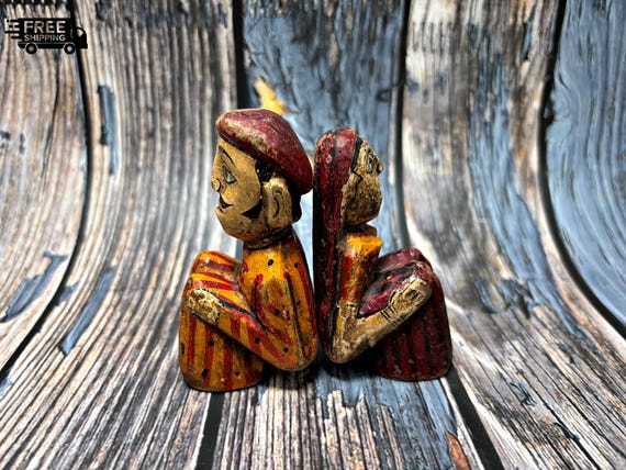 Set of 2 Vintage Hand-Carved Lacquer Painted Wooden Couple Statues– Rare Exquisite Folk Art Traditional Decorative Pair Timeless Collectible