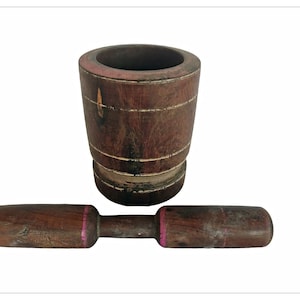 Raro mortero y maja de madera tallados a mano de época: decoración de cocina única pintada con laca, herramienta tradicional para moler madera, triturador de hierbas