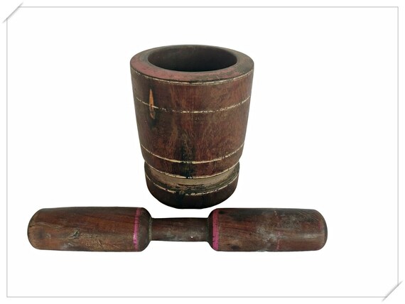 Rare Vintage Hand Carved Wooden Mortar & Pestle Grinder - Unique Lacquer Painted Kitchen Decor, Traditional Wood Grinding Tool, Herb Crusher