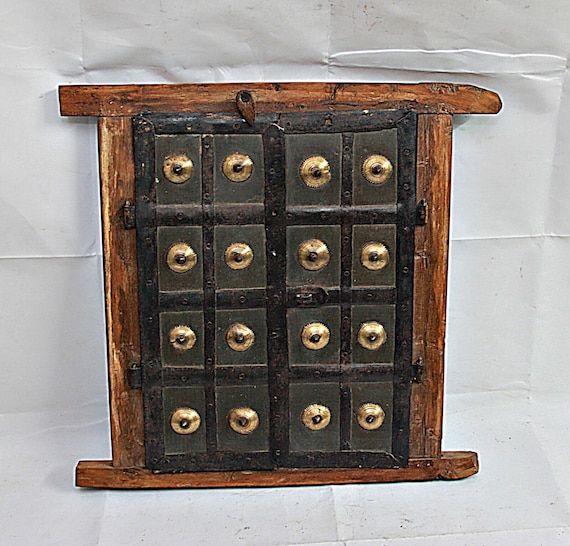 Brass Flowers Wooden Window– Rare Home Decor | Vintage Primitive Handcrafted Rustic Wall Art | Unique Collectible Folk Art Piece