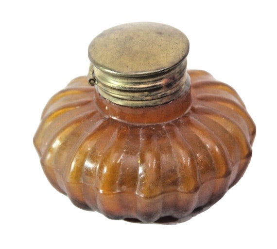 Vintage Amber Colour Melon Shaped Inkwell Desk Ink Pen Pot Well With Elegant Brass Cap Unique Collector's Item for Writers and Decorators