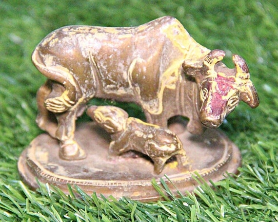 Rare Old Vintage Brass Kamdhenu Cow with Calf Figurine for Abundance Feng Shui Decor Handmade Sculpture Symbol of Prosperity and Blessings