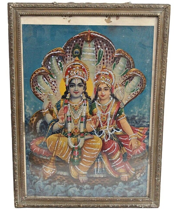 Vintage 21" Tall Old Laxmi Narayan Litho Print, Elegant Wooden Frame, Indian Hindu God and Goddess Wall Art, Antique Religious Decor