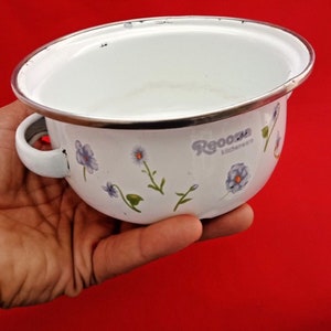 Vintage White Enamel Bowl: Blue Floral Metal Kitchen Collectible