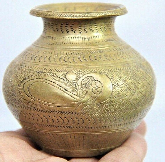 Vintage Small Engraved Brass Lota – Holy Water Vessel for Hindu Rituals Indian Ethnic Antique Unique Collectible Brassware & Spiritual Decor