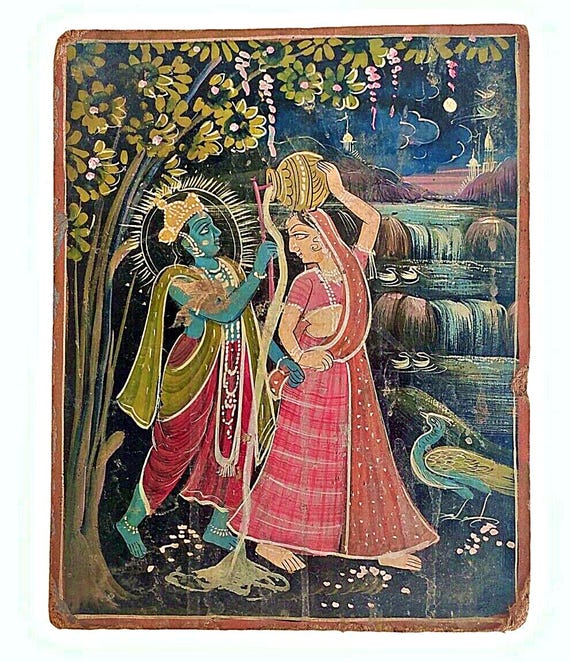 Beautiful Vintage Lord Krishna & Radha Painting on Hardboard Collectible Indian Art Spiritual Wall Decor Timeless Home Decoration from India