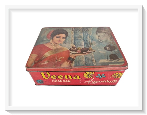 1960s Vintage Veena Chandan Agarbatti Lord Shiva Litho Print Tin – Rare EHS India Decor, Hindu Spiritual Art Collectible, Devotional Display