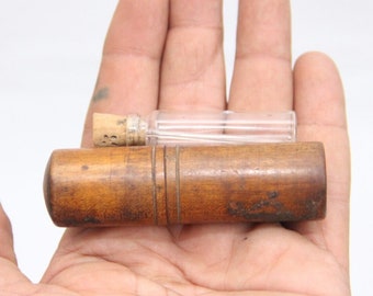Vintage Glass Surma Dani with Wooden Case: Antique Indian Eyeliner Container