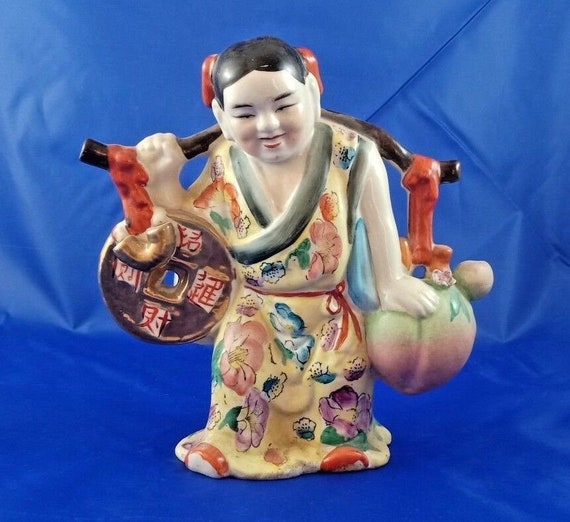 Chinese Porcelain Figurine– Mud Man Carrying Good Luck Coin | Large Wealth Symbol | Vintage Handcrafted Decor | Unique Cultural Gift