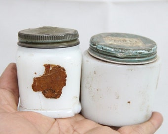 Vintage White Milk Glass Cold Cream Containers with Lids - Set of 2