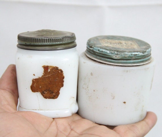 Vintage Milk Glass Cold Cream Jars- Set of 2 White Decorative Containers with Lids, Classic Apothecary-Style Collectibles for Home & Vanity
