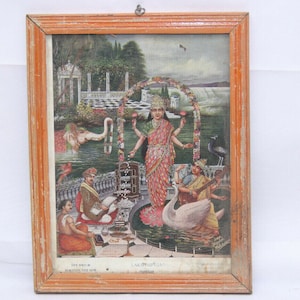 Antique Hindu Goddess Laxmi Sarasvati Litho Print: Vintage Religious Wall Art