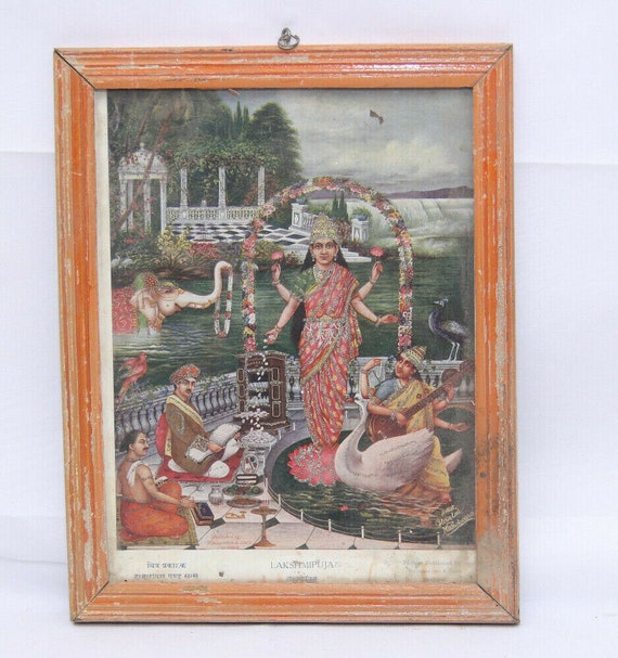 Antique Hindu Goddess Lithograph– Original Laxmi & Saraswati Divine Art Print, Vintage Religious Wall Decor, Sacred Indian Deity Collectible