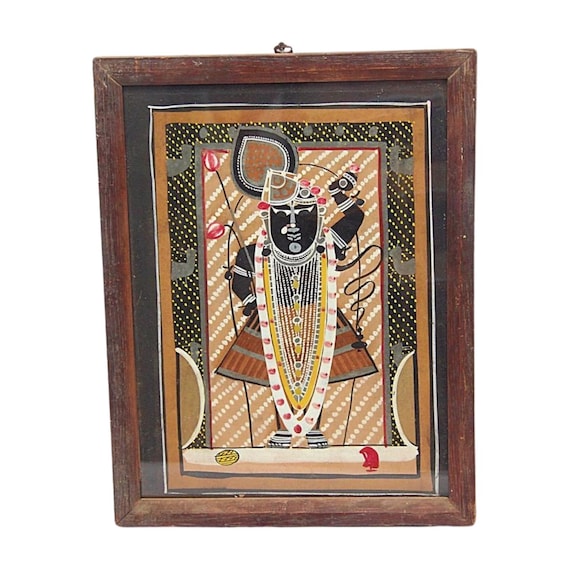 Old Vintage Rare Handmade Krishna Shri Nath Ji Nathdwara Pichwai Painting – Beautifully Framed Traditional Indian Artwork and Collectible