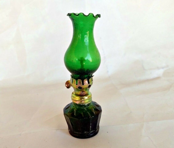Rare Vintage Mini Oil Lamp – Dark Green Font with Light Green Glass Topper | Antique-Style Home Decor | Unique Collectible Lighting Gift 01
