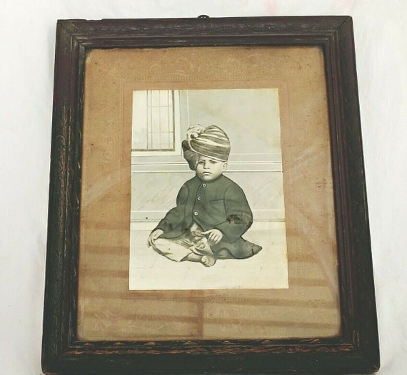 Vintage Royal Kid Painting – Beautiful Wood Frame from India Old Original Handcrafted Artwork Antique Indian Wall Decor Timeless Collectible
