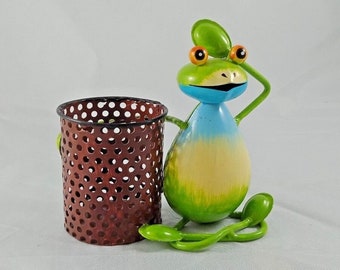 Hand Painted Frog Pen Holder, Whimsical Desk Organizer, Cottagecore Office Decor