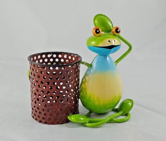 Handmade Painted Happy Frog Design Pen Pencil Holder Unique Container from India for Creative Office Decor and Fun Stationery Organization