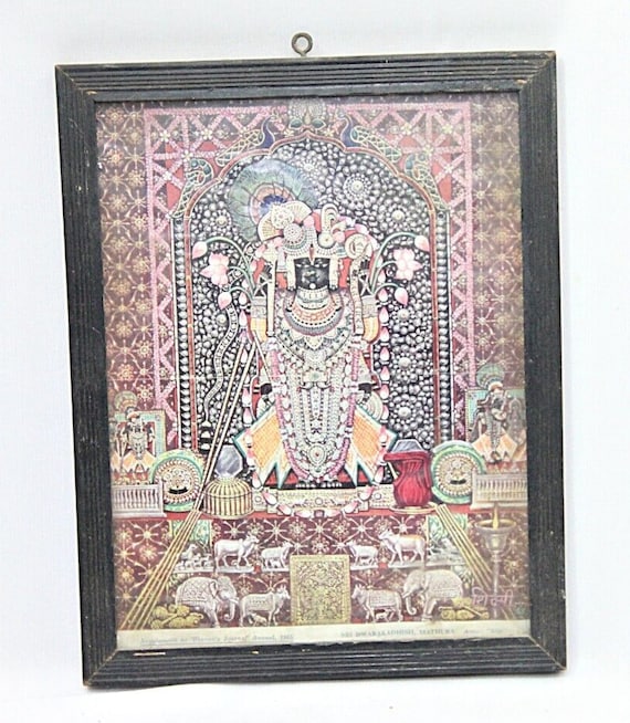 Hindu Lord Krishna as Shrinath Ji Art Print, Collectible Spiritual Decor with Frame, Rare Vintage Hand Crafted Traditional Religious Art