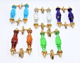 Enhance Your Décor: Vintage Brass Victorian Cut Glass Pull Push Door Drawer Handles - Add a Touch of India's Elegance! V3