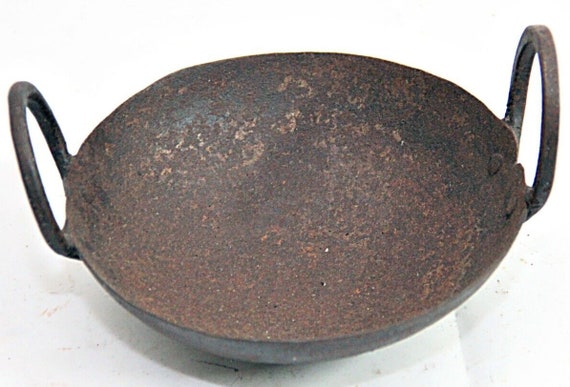 Vintage Indian Handmade Iron Kadai – Small Rustic Cooking Wok with Rich Patina, Antique Kitchen Décor, Authentic Old-World Charm Collectible