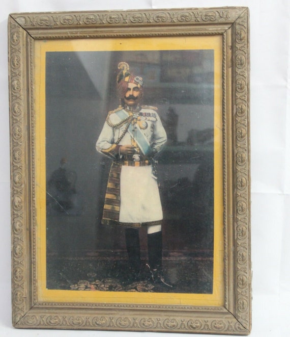 Old Vintage Litho Print of Maharaja Sir Bhawani Singh Bikaner – Carved Wooden Frame | Unique Antique Wall Art | Royal Collectible Home Decor