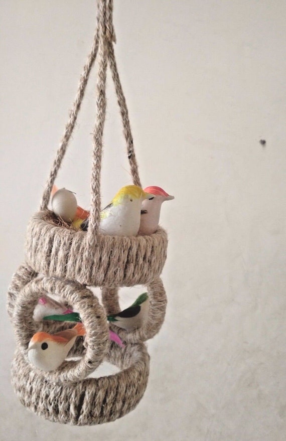 Unique Handmade Jute Hanging Nest with Birds and Eggs - Rustic Bird Nest Ornament - Hanging Birdhouse Decoration - Boho Eco-Friendly Decor