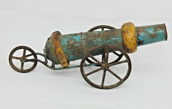 Vintage Handcrafted Painted Cannon Decor– 15-Inch Old Tin Metal Toy | Unique Rustic Collectible Home Accent | Antique-Style Cannon Sculpture
