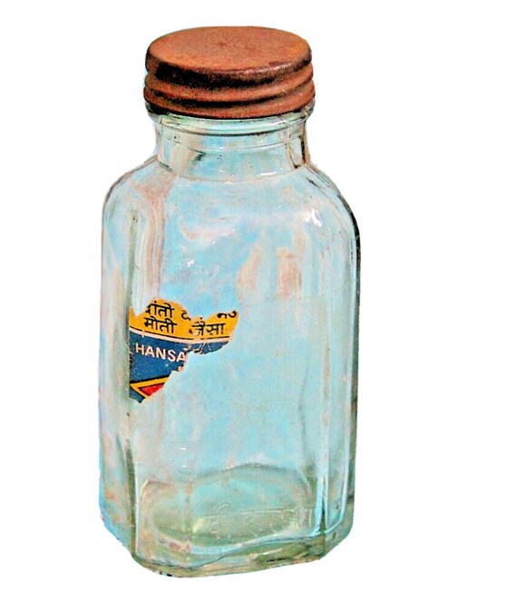 Indian Vintage Tooth Powder Heavy Thick Glass Bottle Decorative Collectible Unique Aging Patina Retro Home Decor Accent Piece