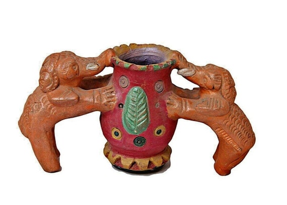 Hand-Painted Elephant Clay Pen Stand – River Clay Pencil Holder | Artistic Desktop Organizer | Unique Vintage & Eco-Friendly Desk Decoration