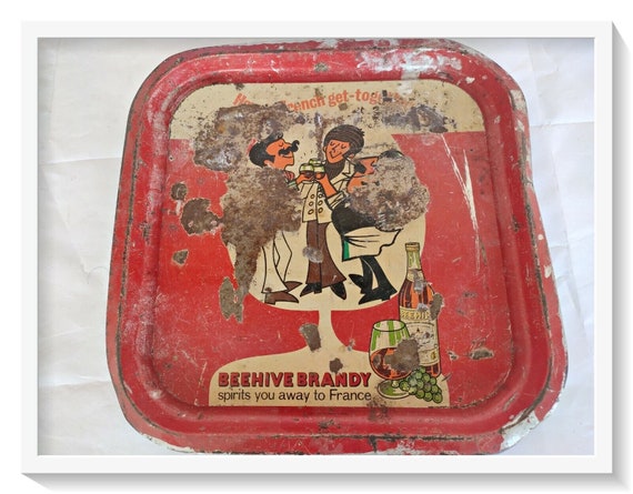 Old Vintage Beehive Brandy Tray, Classic French Advertising, Antique Square Tray, Unique French Collectible, Retro Home Accessory