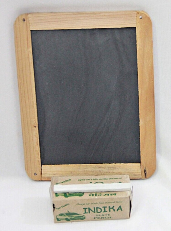 Rare Vintage Unique Hand Crafted Wooden Frame Stone Slate with Slate Pencil for Kids Writing Practice, Natural Materials Educational Tool
