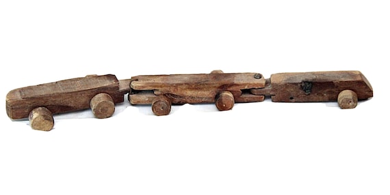 Wooden Train Toy Set, Engine with Two Boggies, Classic Handcrafted Pull-Along Toy Train, Rare Old Vintage Unique Gift for Kids and Hobbyists