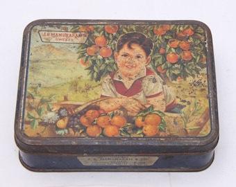 Vintage J.B. mangharam-snoepblik: antieke lithoreclame, retro woondecoratie