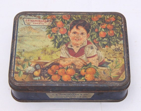 Rare Old Vintage J.B. Mangharam Sweets Litho Tin Box Beautiful Antique Advertising Collectible, Retro Metal Storage for Nostalgic Home Décor