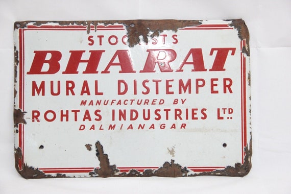 Vintage Bharat Mural Porcelain Sign Board – Rare Distemper Enamel Stockist Ad, Indian Retro Wall Art, Collectible Bar Decor for Enthusiasts