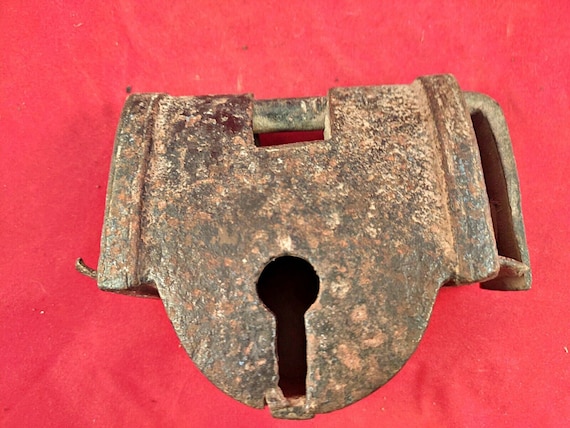 Rare Vintage Large Iron Padlock Antique Lock Without Key Unique Iron Stripe Design for Home Decor Garden Furniture or Rustic Collectible