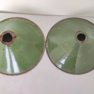 Vintage Rare Green Iron Porcelain Enamel Lamp Shade Pair – Antique Industrial Light Fixtures, Rustic Farmhouse Decor, Retro Factory Lighting