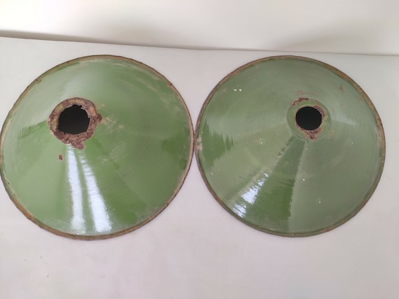 Vintage Rare Green Iron Porcelain Enamel Lamp Shade Pair – Antique Industrial Light Fixtures, Rustic Farmhouse Decor, Retro Factory Lighting