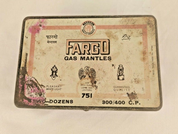 Vintage Old Fargo GAS Mantles 751 Sign Tin Litho Box from India Unique Antique Collectible Retro Decorative Tin Box Rare Find
