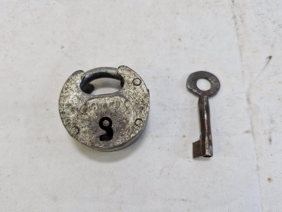 Vintage Handcrafted Iron Padlock With Key, Round Rustic Lock ...