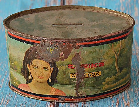 Vintage Round Sarika Tin Box, Classic Handmade Empty Cash/Coin Container, Rare Exquisite Collectible Indian Tinware, Retro Storage Solution