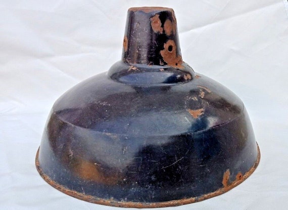 Large Vintage Jet Black Iron Lamp Shade– Rare Porcelain Enamel Industrial Fixture Antique Ceiling Light Bold Retro Factory Decor Collectible