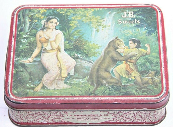 Vintage Beautiful J.B. Sweets Jungle Scenery Tin Box Authentic Litho Print, Retro Collectible Storage with Unique Design for Nostalgic Décor