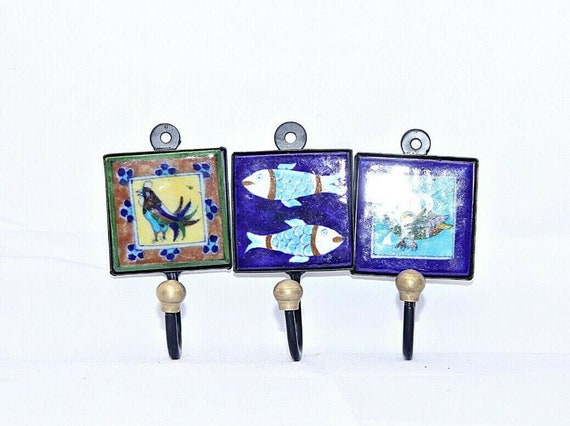 3 Pc Set Picture Painted Handmade Iron Ceramic Wall Hook Hanger | Coat Towel Holder Kitchen Office Decor | Vintage Rustic Art