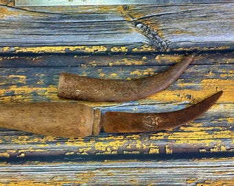 Vintage Engraved Metal Knife Silver Work on Blade Wood Handle Historical Display M3