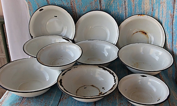 Authentic Indian Porcelain Enamel Bowl Set, 10 Piece, Vintage White Black Design, Classic Retro Home Decor, Collector’s Kitchenware, Durable
