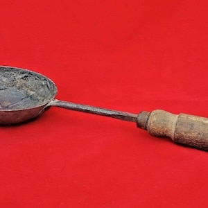 Antique Iron Blacksmith Spoon – Vintage Indian Metal Melting Tool with Wooden Handle, Collectible Forging Artifact, Rustic Workshop or Decor