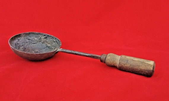 Antique Iron Blacksmith Spoon – Vintage Indian Metal Melting Tool with Wooden Handle, Collectible Forging Artifact, Rustic Workshop or Decor