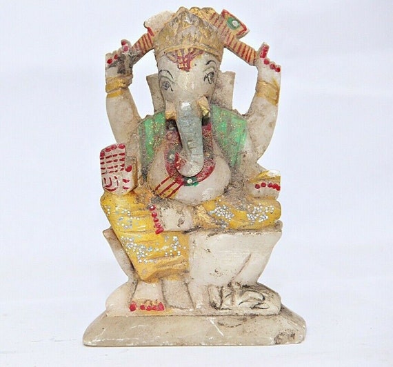 Handmade Vintage Soft Stone Lord Ganesha Statue– Artisan-Crafted Hindu God Idol Unique Collectible Figurine Sacred Home Decor & Blessing J13